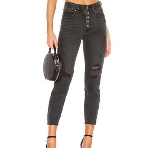 We the Free 26 Black High Rise Straight Crop Jeans Distressed cotton frayed hem